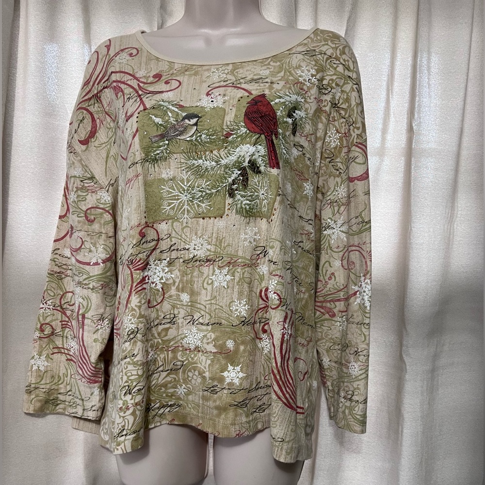 Women’s Long Sleeve Cardinal Bird Winter Scene Shirt